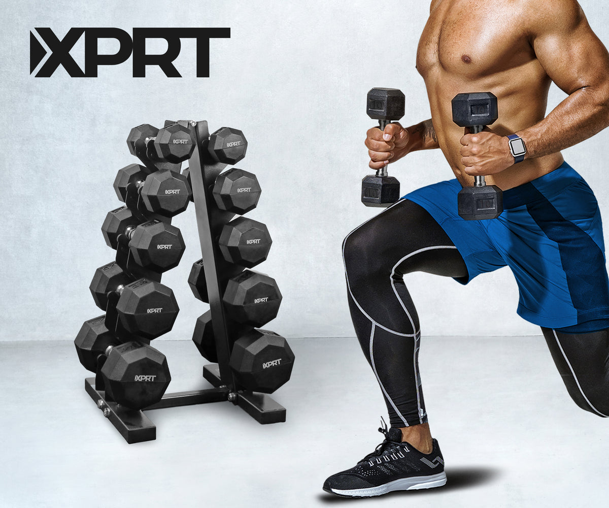 XPRT 150LB Rubber Hex Dumbbell Set with Rack | XPRT Fitness