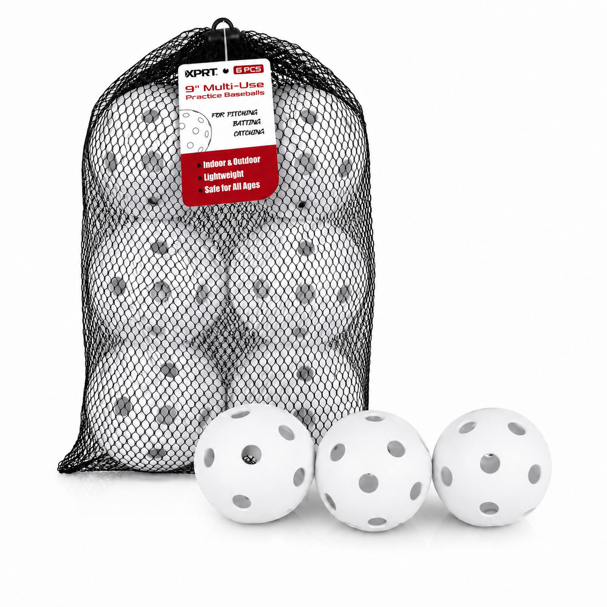 XPRT Fitness 9-inch multi-use plastic practice baseballs for pitching and batting training, shown in a 6-pack.