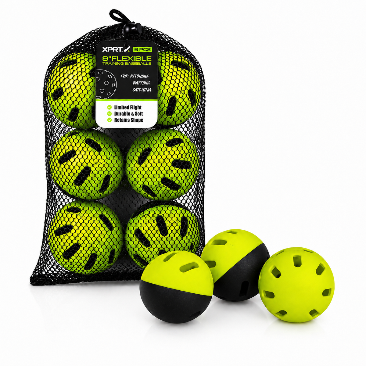 XPRT Fitness 9-inch flexible limited flight baseballs, soft practice balls for pitching and batting training, 6-pack.