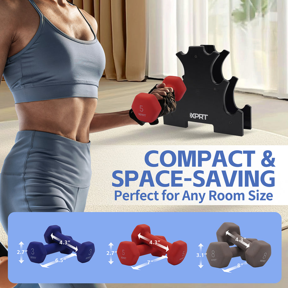 XPRT 32LB Neoprene Dumbbell Set with Rack | 3, 5, 8LB Color-Coded