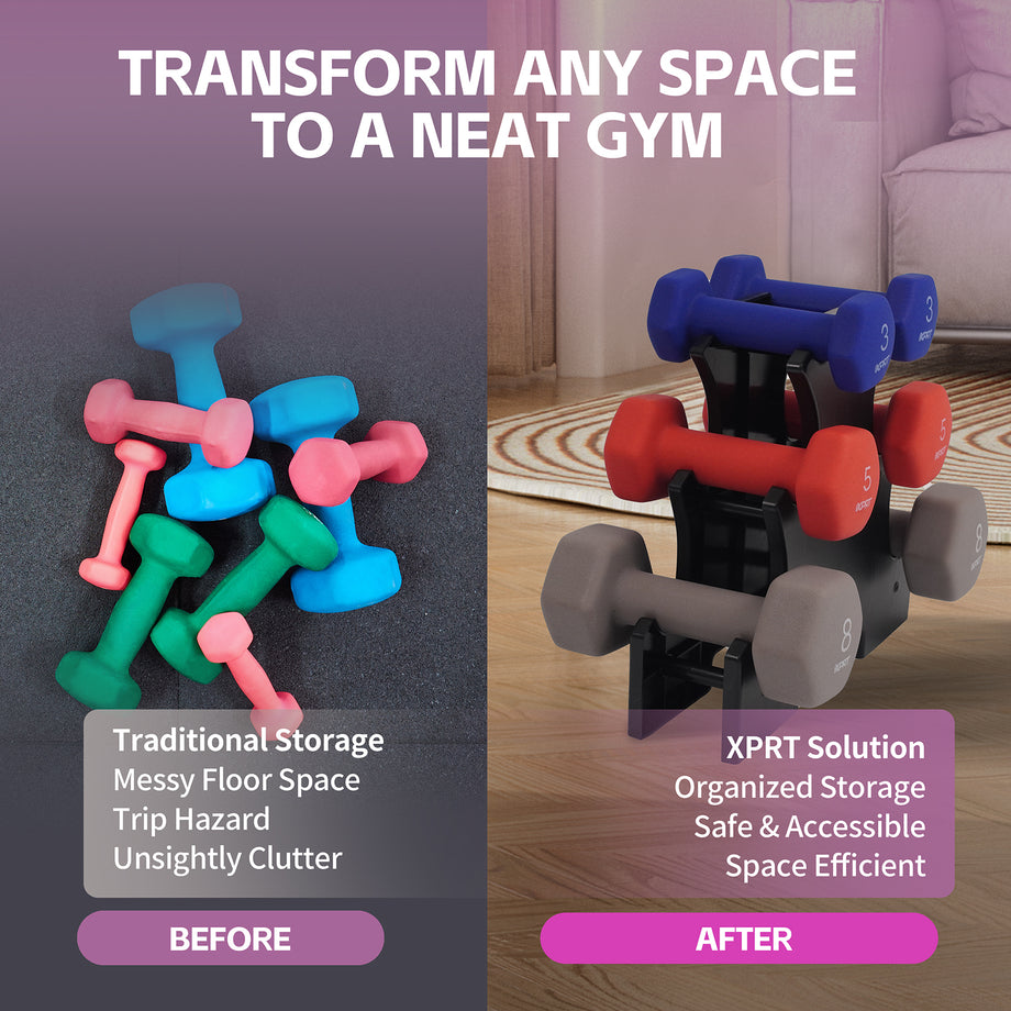 XPRT 32LB Neoprene Dumbbell Set with Rack | 3, 5, 8LB Color-Coded