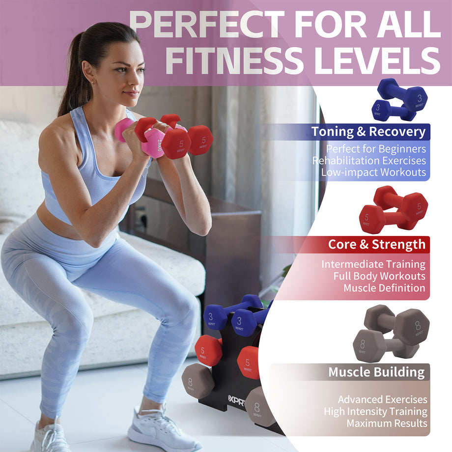 XPRT 32LB Neoprene Dumbbell Set with Rack | 3, 5, 8LB Color-Coded