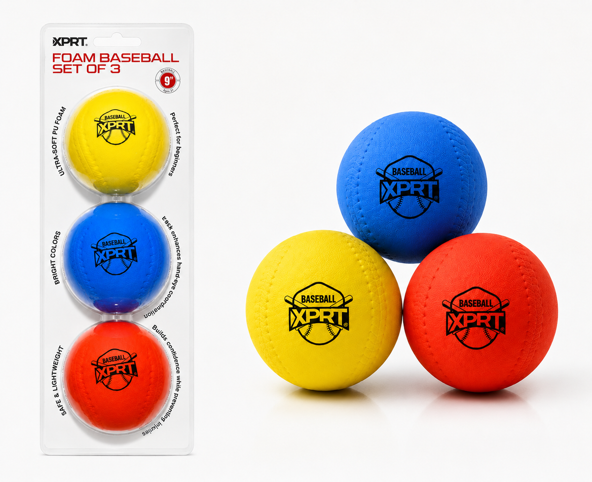 Set of three XPRT Fitness 9-inch ultra-soft PU foam baseballs for training and practice, shown in a close-up image.