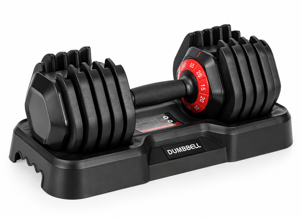 XPRT Fitness adjustable dumbbells with 25 lb and 55 lb weight plates, featuring a compact design for versatile strength training.