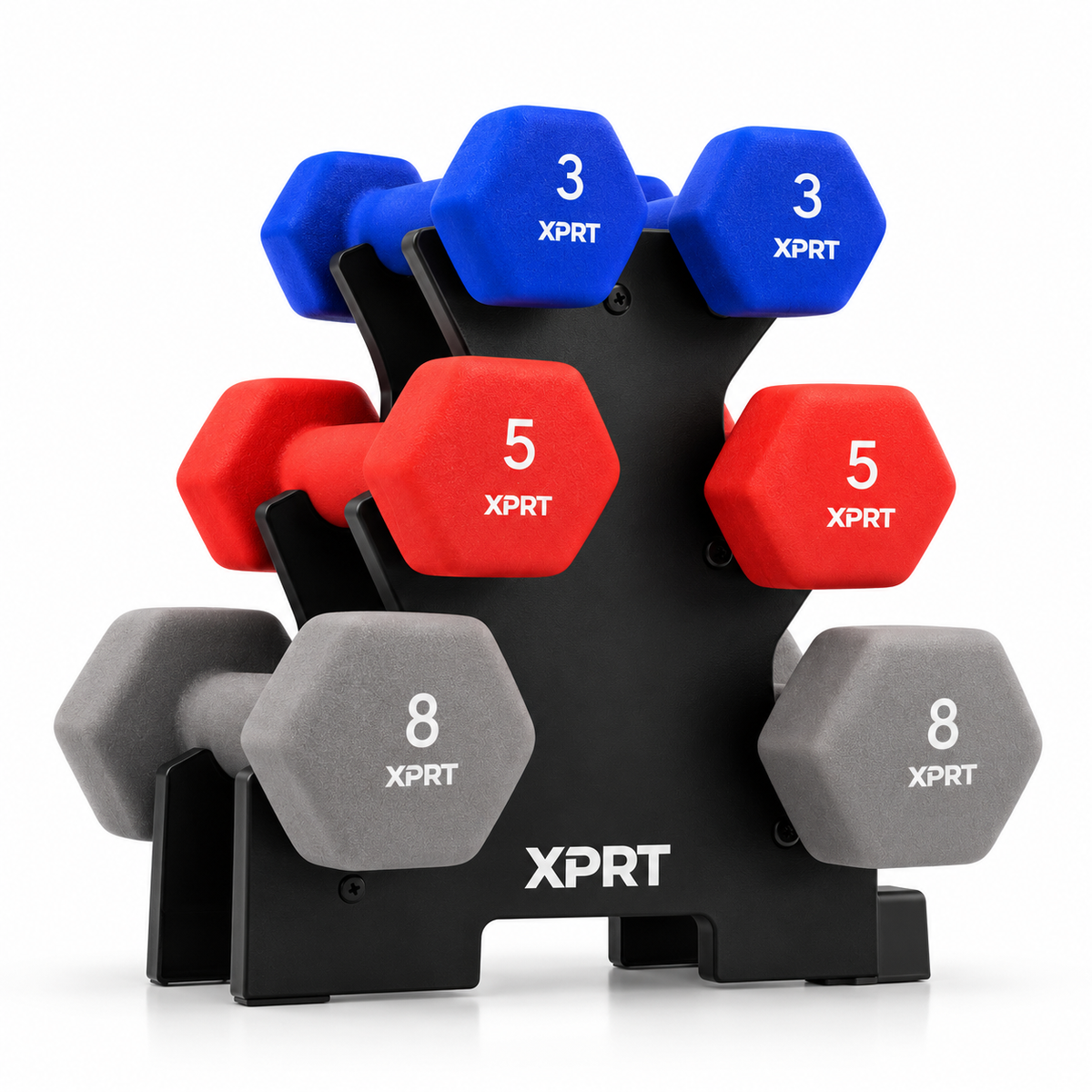 XPRT Fitness 32 lb neoprene dumbbell set with rack, featuring colorful, textured weights for strength training and exercise.