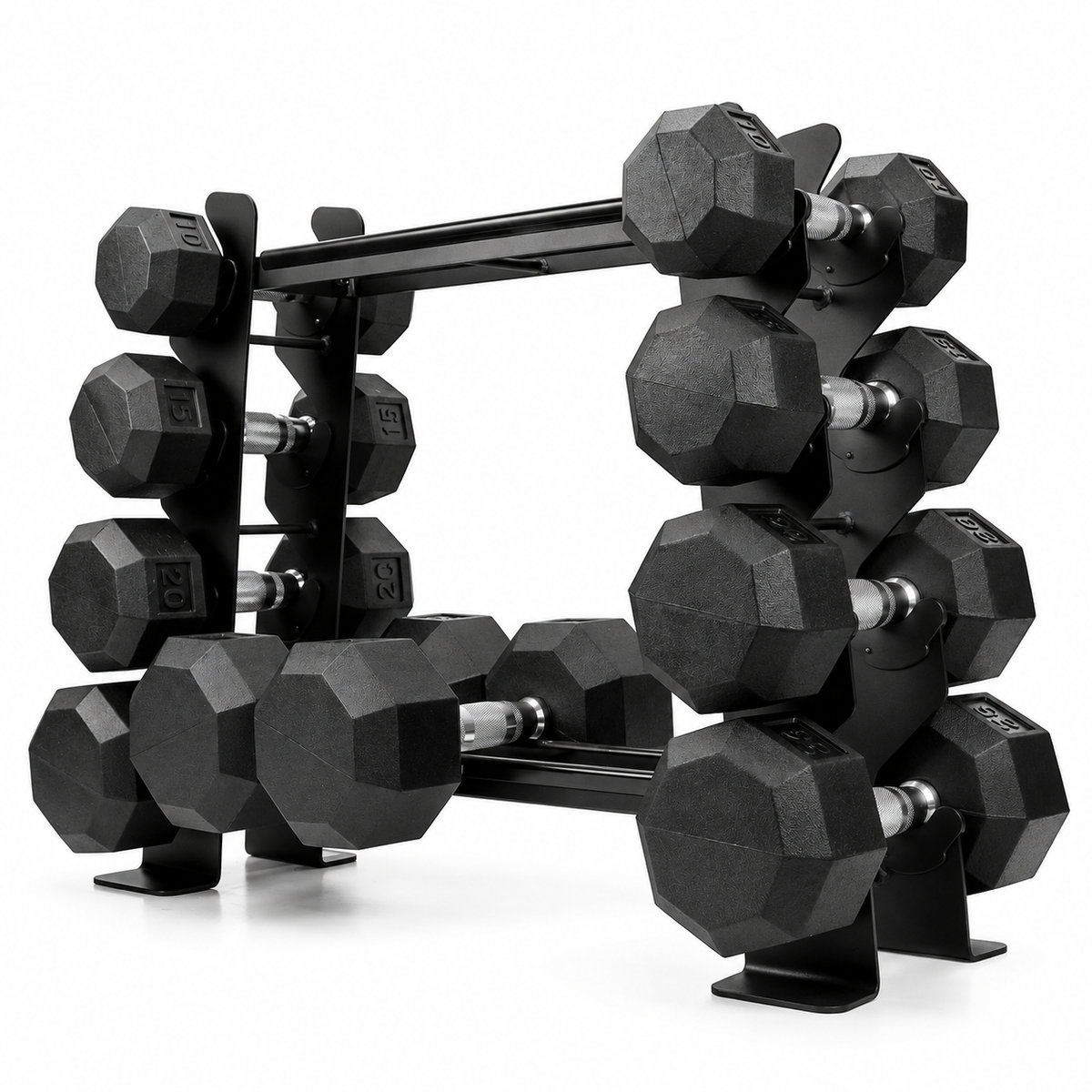 XPRT Fitness compact dumbbell rack with multiple slots for organized storage of various-sized dumbbells.