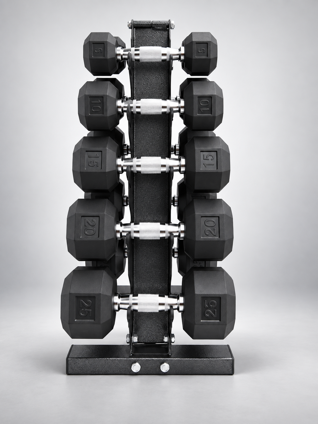 XPRT Fitness 150 lb rubber hex dumbbell set on a five-tier dumbbell rack, showcasing durable free weights for strength training.