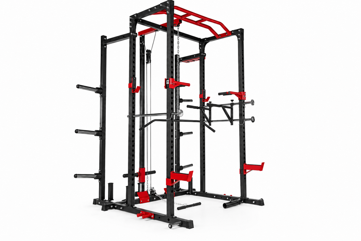XPRT Fitness XPRT PRO 1.0 multi-function power rack with adjustable safety bars and weight storage for strength training.