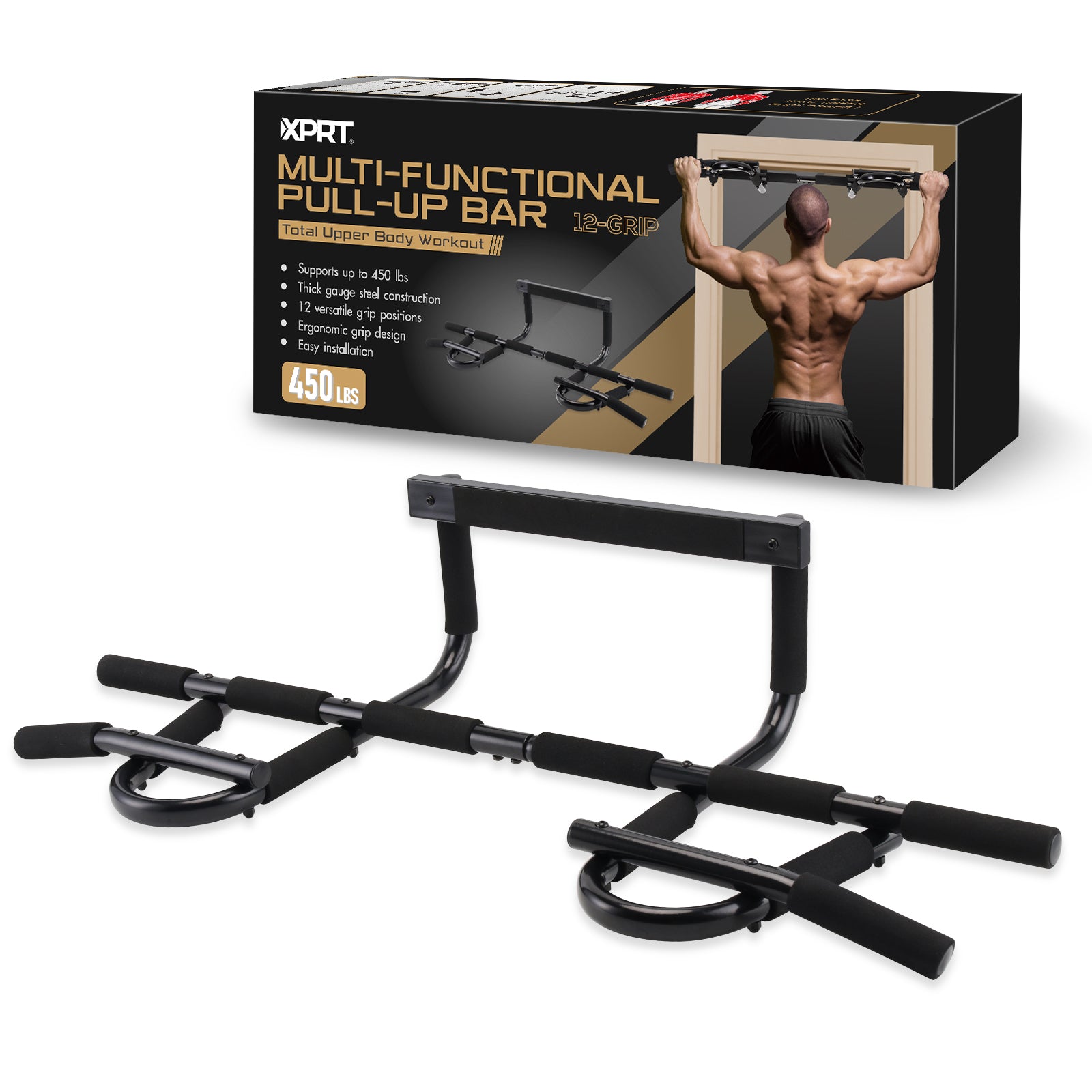 XPRT Fitness Doorway Pull Up Bar Heavy Duty 450lb Capacity Multi-Grip Chin Up Bar for Home Gym with 12 Positions Upper Body Workout Equipment
