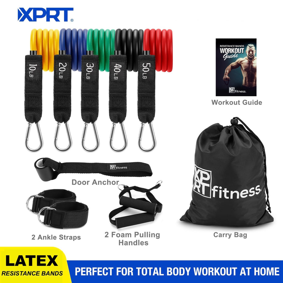 XPRT Fitness 11-Piece Resistance Bands Set - Home Gym Equipment with D