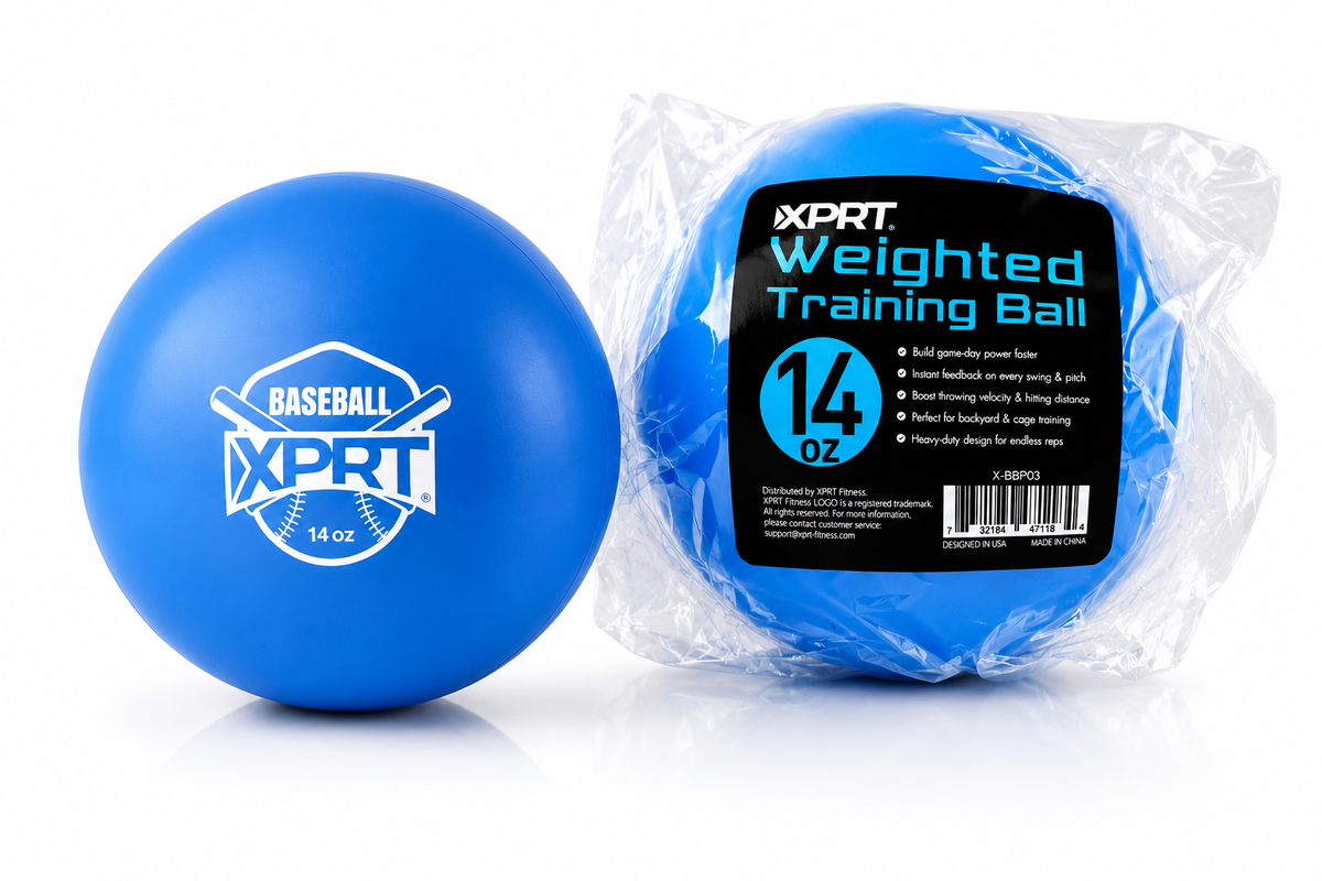 XPRT Fitness weighted training baseball in 14 oz and 16 oz for power and velocity training, shown in black with red accents.
