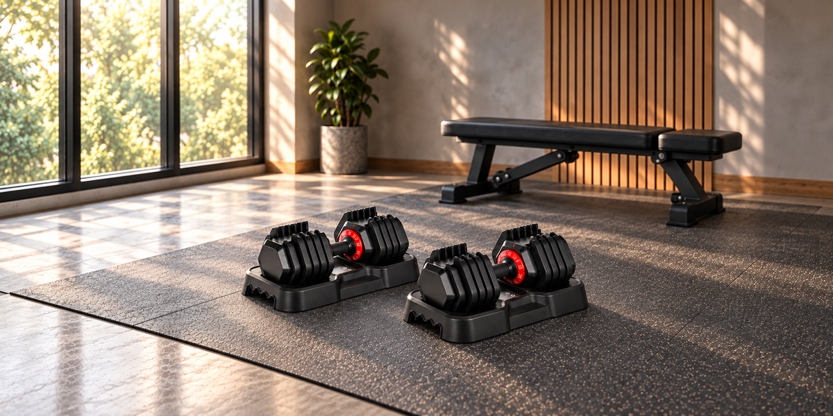 XPRT 25 LB adjustable dumbbell pair in a compact home workout space.
