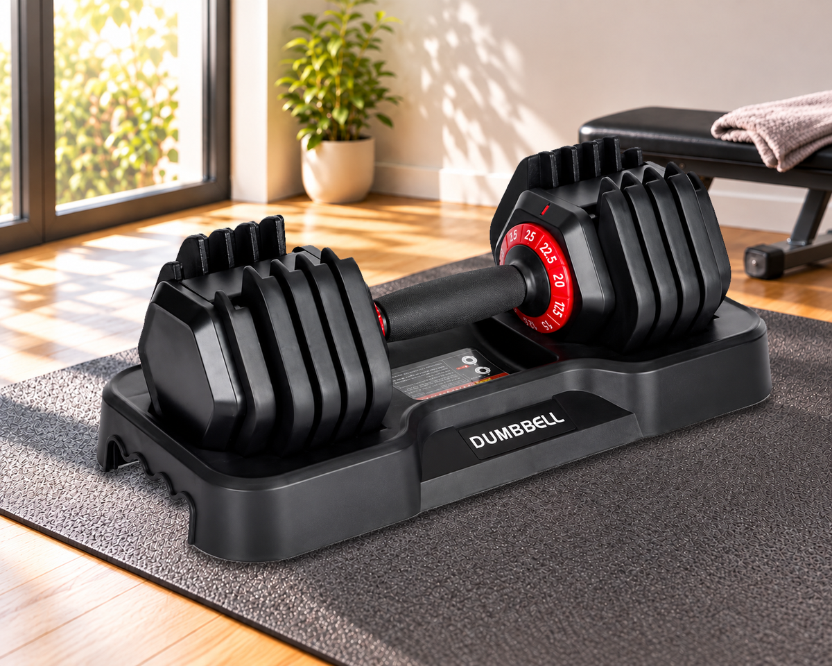 XPRT 25 LB adjustable dumbbell in a home setting with authentic weight adjustment dial markings.
