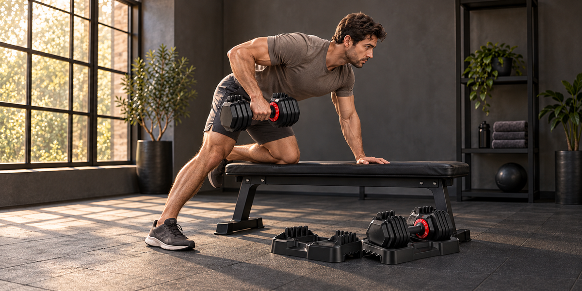 One-arm dumbbell row using the XPRT 25 LB adjustable dumbbell pair.