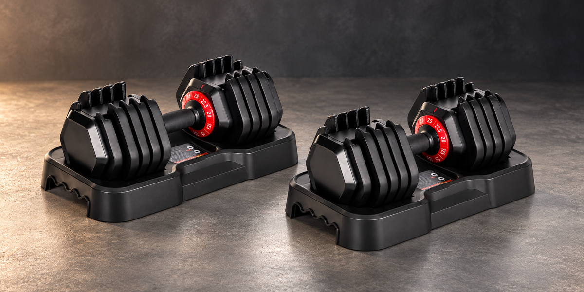 XPRT 25 LB adjustable dumbbell pair with two bases.