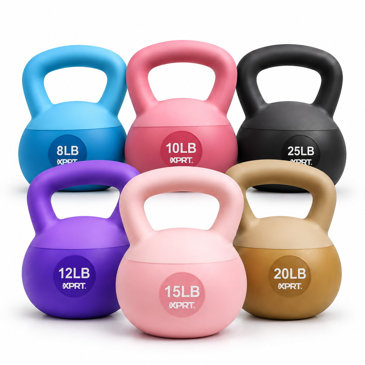 XPRT Fitness soft kettlebell in black with weight markings, 8 to 25 pounds, designed for strength training and exercise workouts.