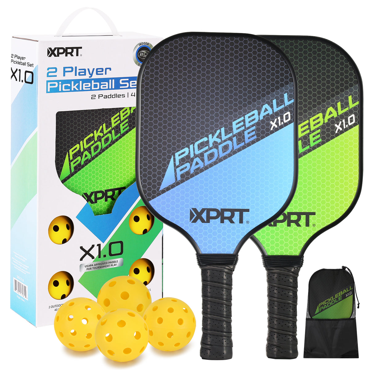 XPRT Fitness Professional Pickleball Paddle Set - 2 USAPA Approved Fiberglass Paddles with 4 Outdoor Balls, Lightweight, Large Sweet Spot for Control & Power - XPRT Fitness