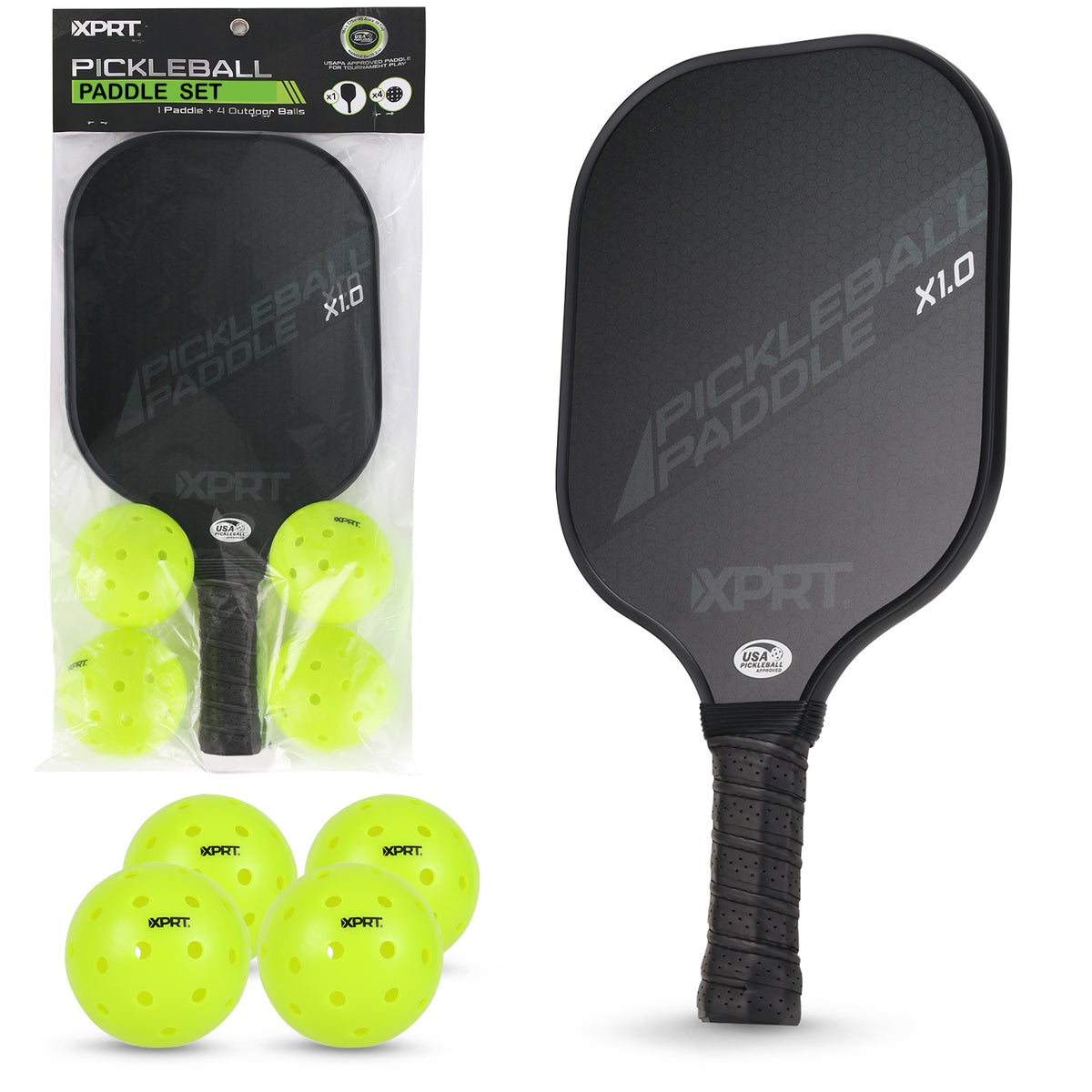 XPRT Fitness USAPA Approved Fiberglass Pickleball Paddle – Lightweight 7.8 oz with Honeycomb Core + 4 Outdoor Balls - XPRT Fitness