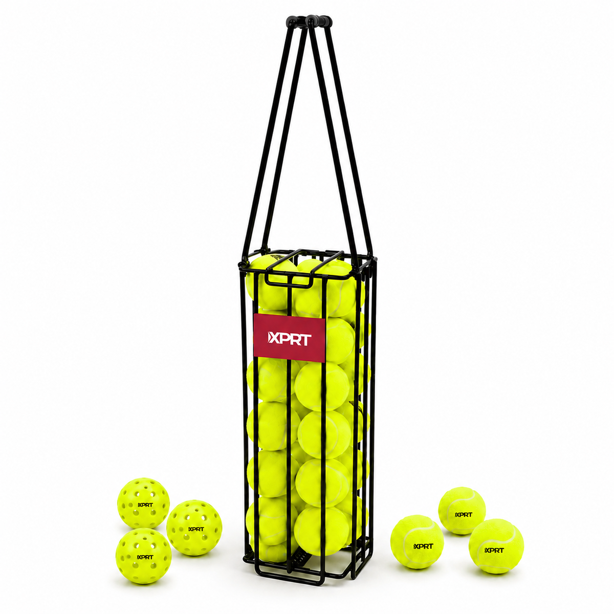 XPRT Fitness Ball Hopper for pickleball and tennis with spring-loaded retriever, heavy-duty steel, and spill-proof lid on a white background.