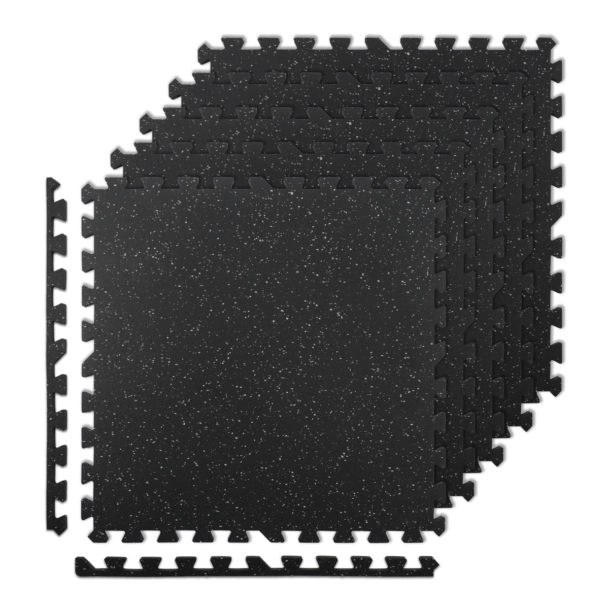 Black XPRT Fitness dual-layer rubber gym floor tiles, interlocking 6-pack, 3/8 inch thick, 24 sq ft coverage for workout spaces.