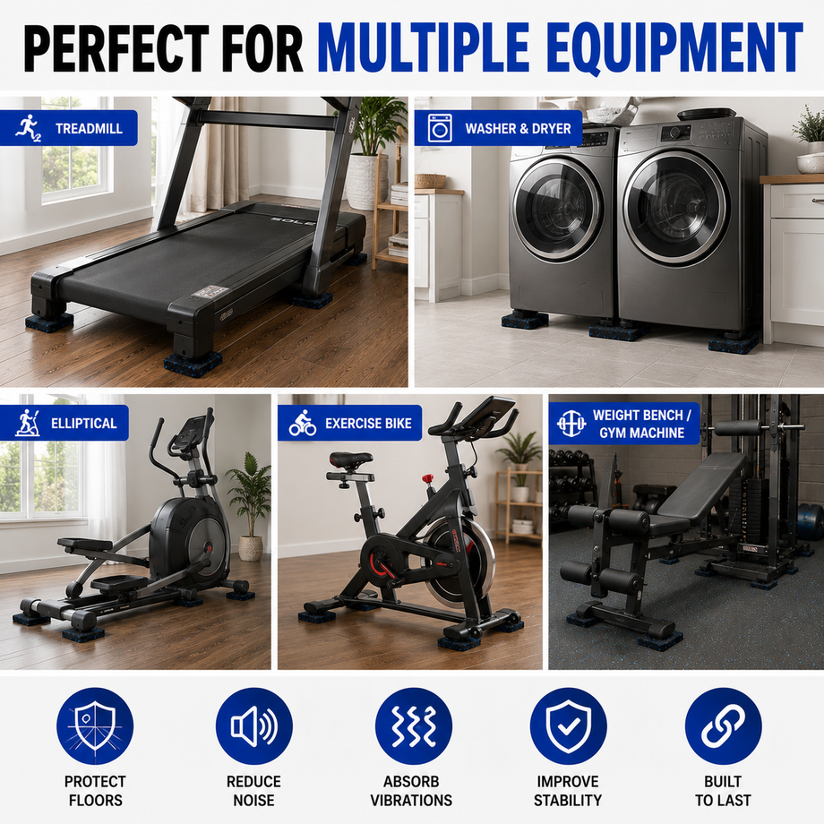 Heavy-Duty Rubber Equipment Pads – Shock & Vibration Absorbing, Non-Slip Floor Protectors for Treadmills & Gym Gear