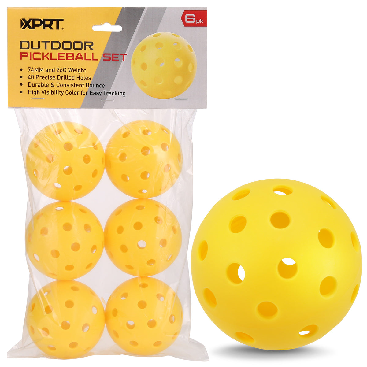 Outdoor Pickleball Balls 6-Pack | 74mm Official Size, 40-Hole Durable Outdoor Balls - XPRT Fitness