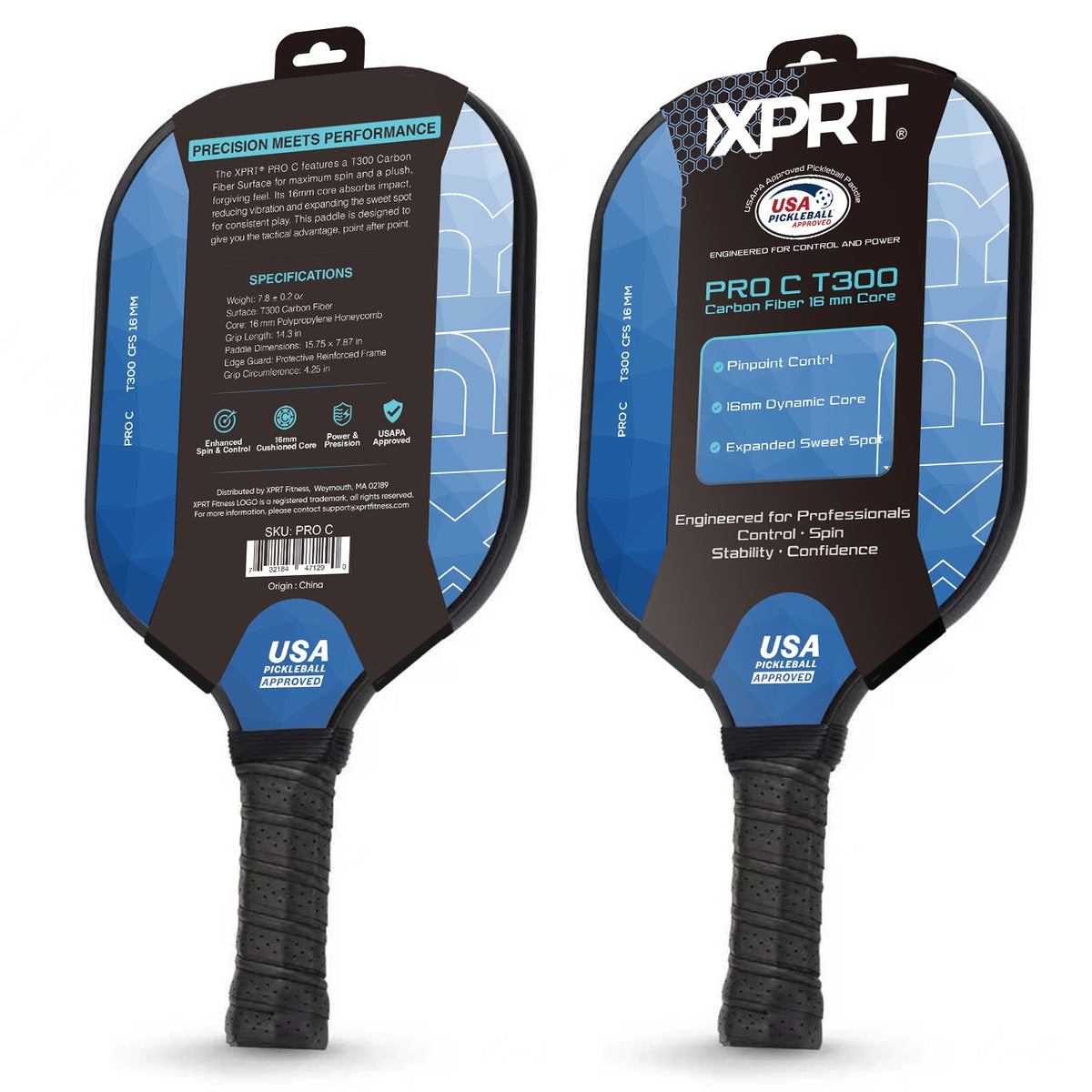 XPRT PRO C T300 Carbon Fiber Pickleball Paddle – 16mm Core, Spin & Control, USAPA Approved Professional Pickleball Racket - XPRT Fitness