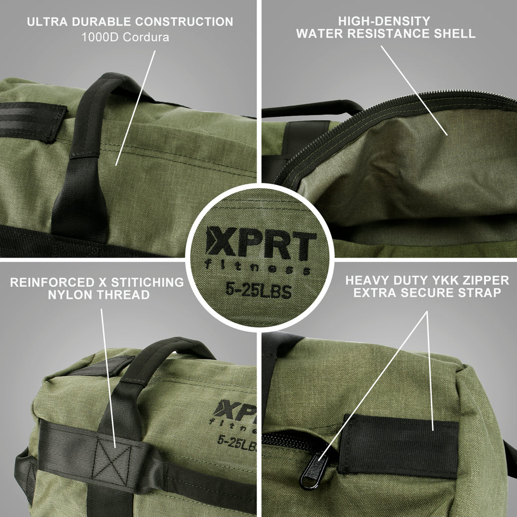 XPRT Fitness Workout Sandbag for Heavy Duty Workout Cross Training 7 Multi-positional Handles, Army Green - XPRT Fitness