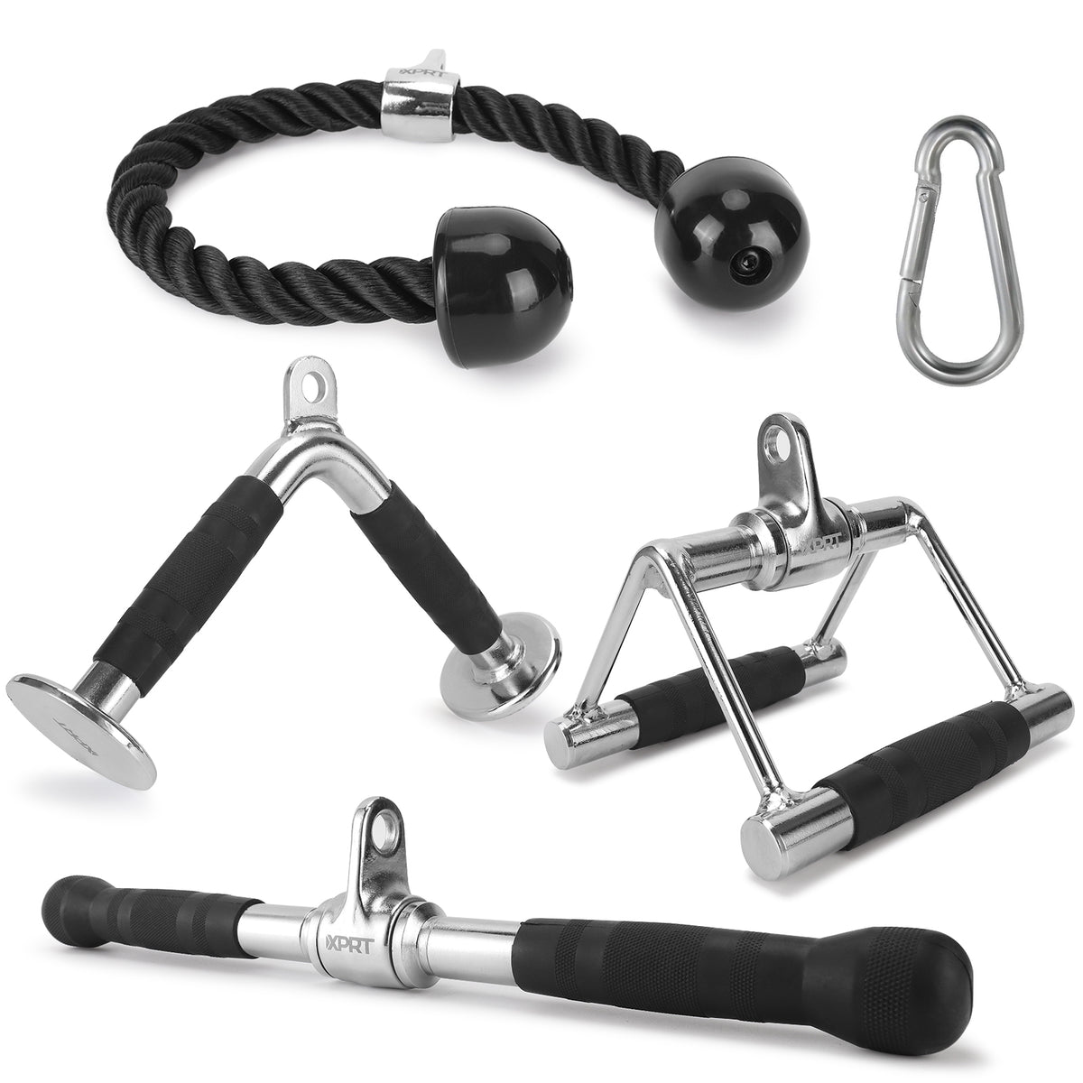 XPRT Fitness Cable Attachment Set of 4 V Handle with Rotation, Rotating Bar, Tricep Rope, V-Shaped Bar - XPRT Fitness