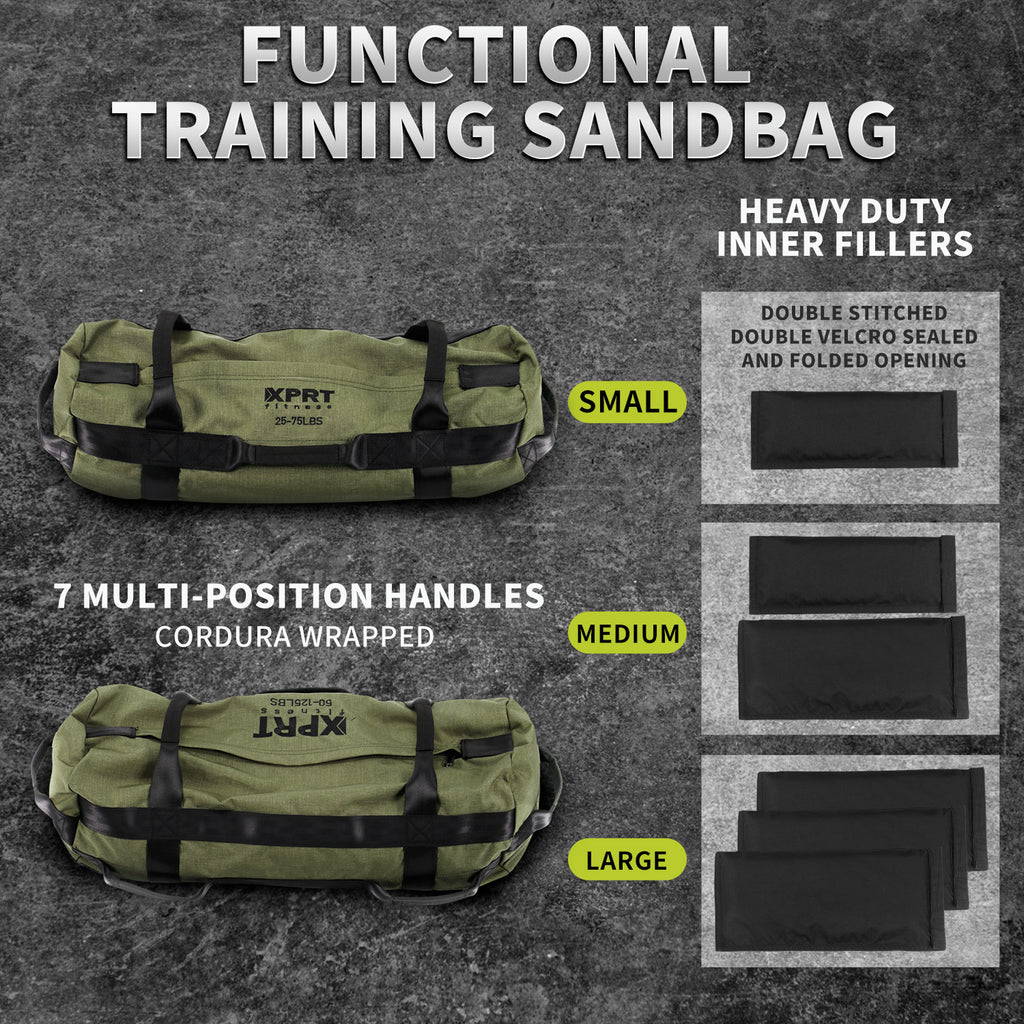 XPRT Fitness Workout Sandbag for Heavy Duty Workout Cross Training 7 Multi-positional Handles, Army Green - XPRT Fitness