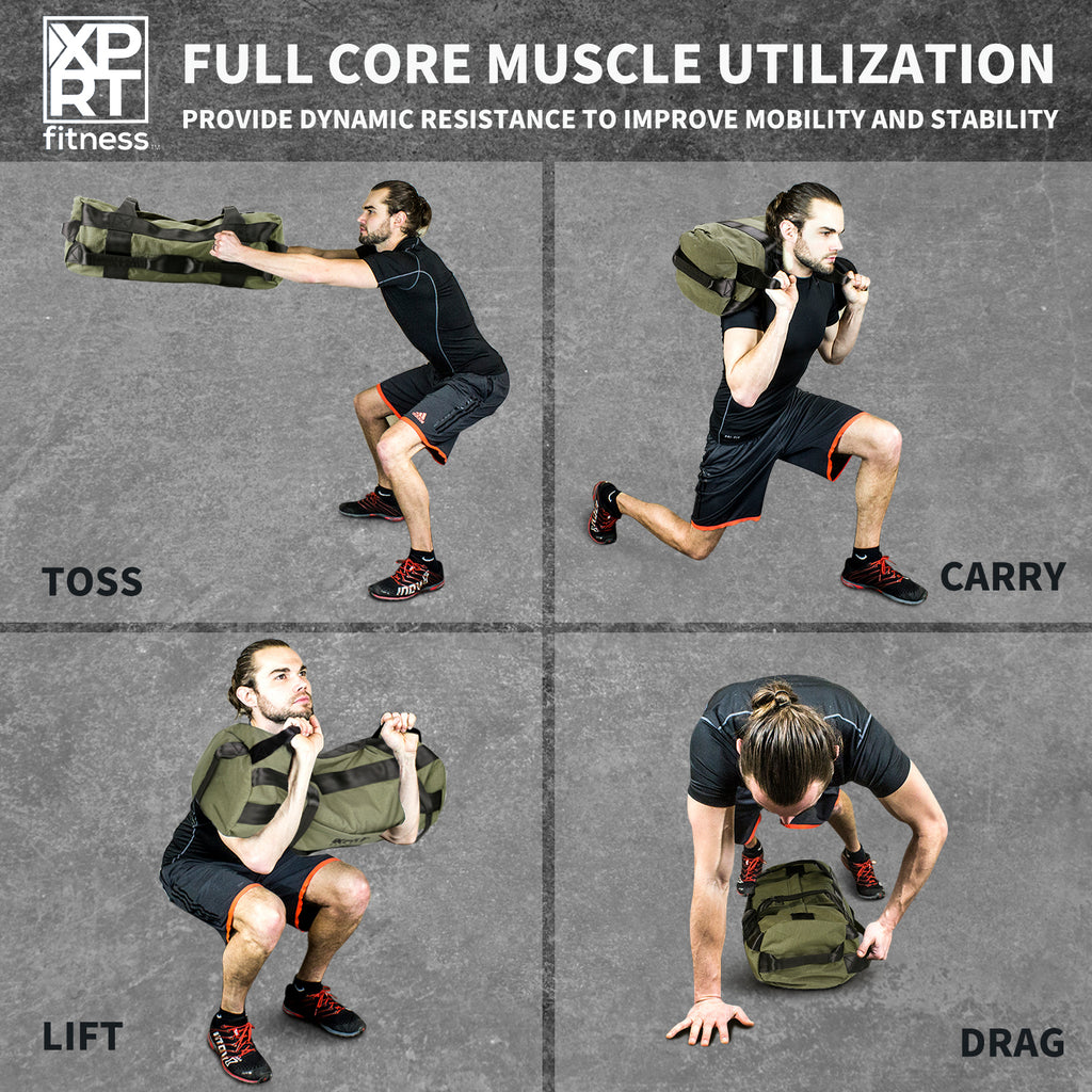 XPRT Fitness Workout Sandbag for Heavy Duty Workout Cross Training 7 Multi-positional Handles, Army Green - XPRT Fitness