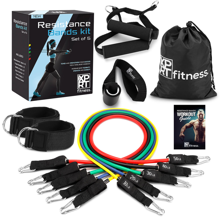 XPRT Fitness 11-Piece Resistance Bands Set Home Gym Equipment with Door Anchor, Handles Ankle Straps (10-150 lbs) Workout Bands for Strength