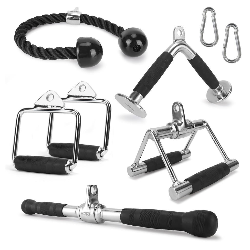 XPRT Fitness Cable Attachment Set of 5, D Handle, V Handle with Rotation, Rotating Bar, Tricep Rope, V-Shaped Bar - XPRT Fitness