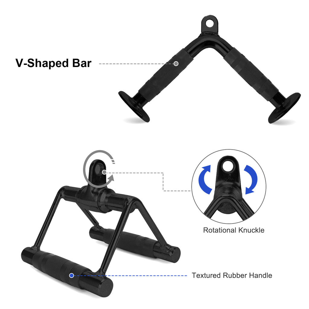XPRT Fitness Cable Attachment Set of 4 D Handle, V Handle with Rotation, Rotating Bar, Tricep Rope, V-Shaped Bar - Black - XPRT Fitness