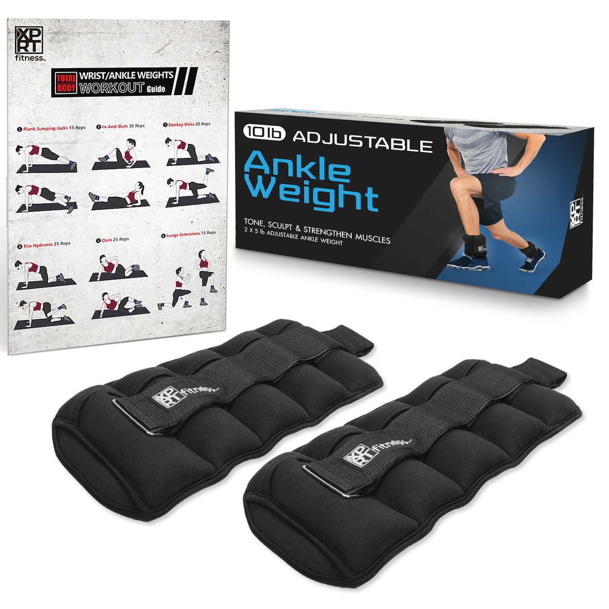 XPRT Fitness 10 lbs Adjustable Ankle Weights for Women and Men, 1-5lbs removable weights each, set of 2 - XPRT Fitness
