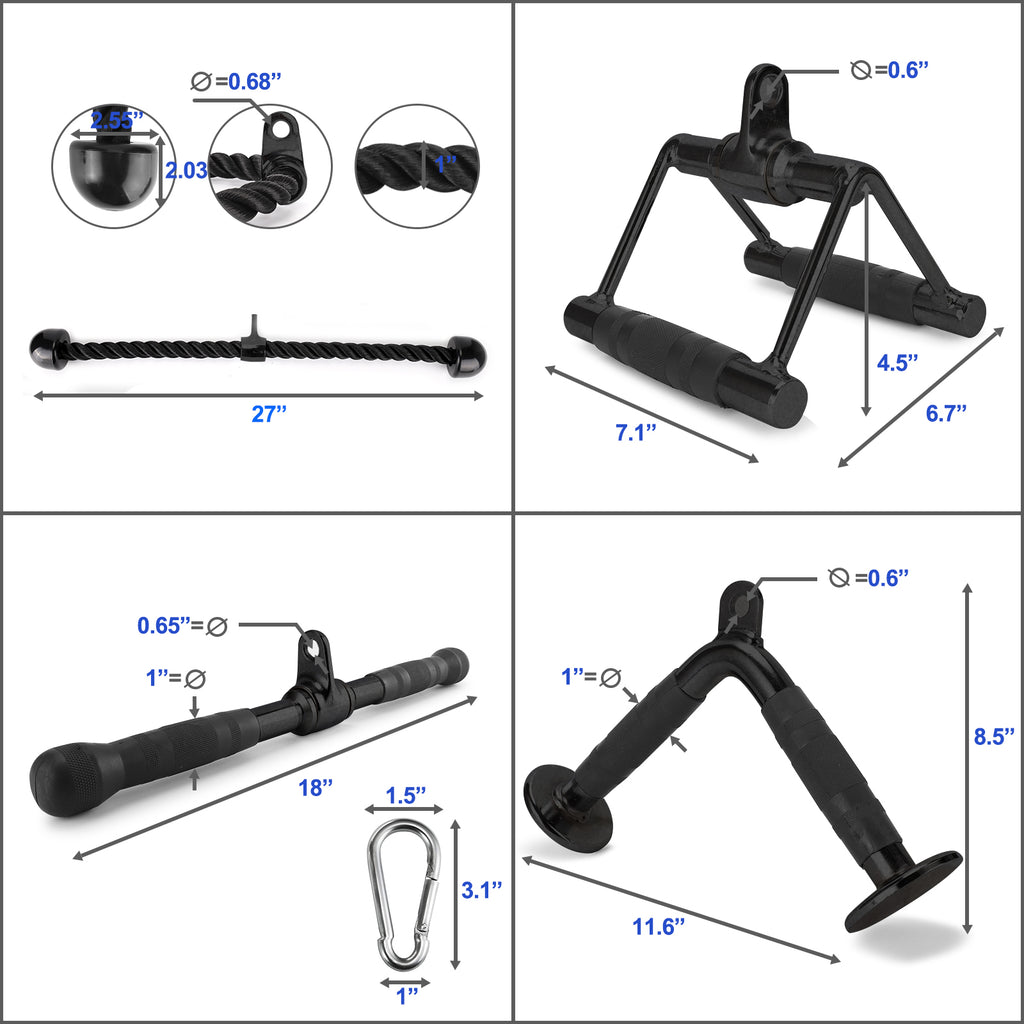 XPRT Fitness Cable Attachment Set of 4 D Handle, V Handle with Rotation, Rotating Bar, Tricep Rope, V-Shaped Bar - Black - XPRT Fitness