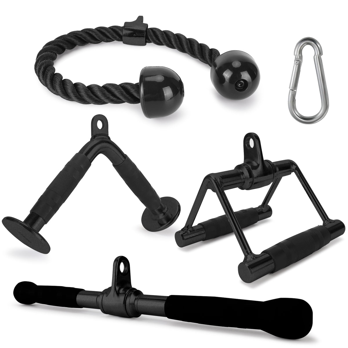 XPRT Fitness Cable Attachment Set of 4 D Handle, V Handle with Rotation, Rotating Bar, Tricep Rope, V-Shaped Bar - Black - XPRT Fitness