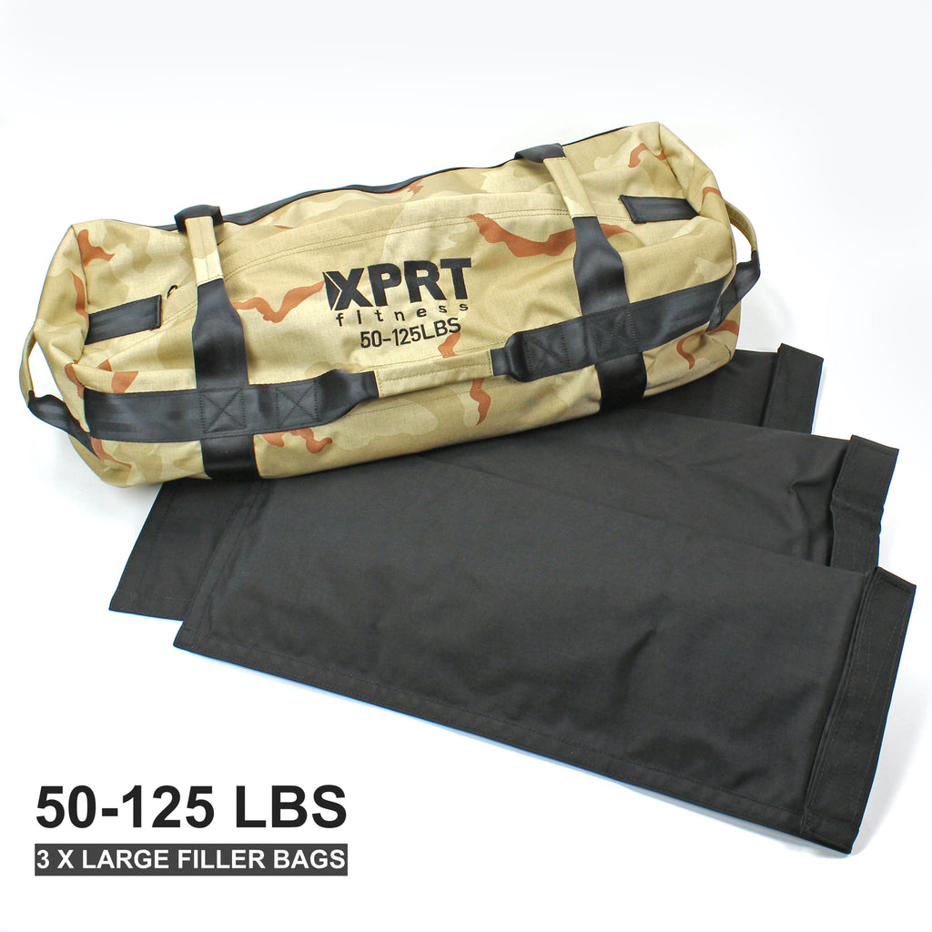 XPRT Fitness Workout Sandbag for Heavy Duty Workout Cross Training 7 Multi-positional Handles, Camo - XPRT Fitness